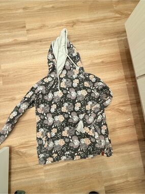 AMPERSAND AVE Black Floral Hoodie with Cream and Mauve Flowers